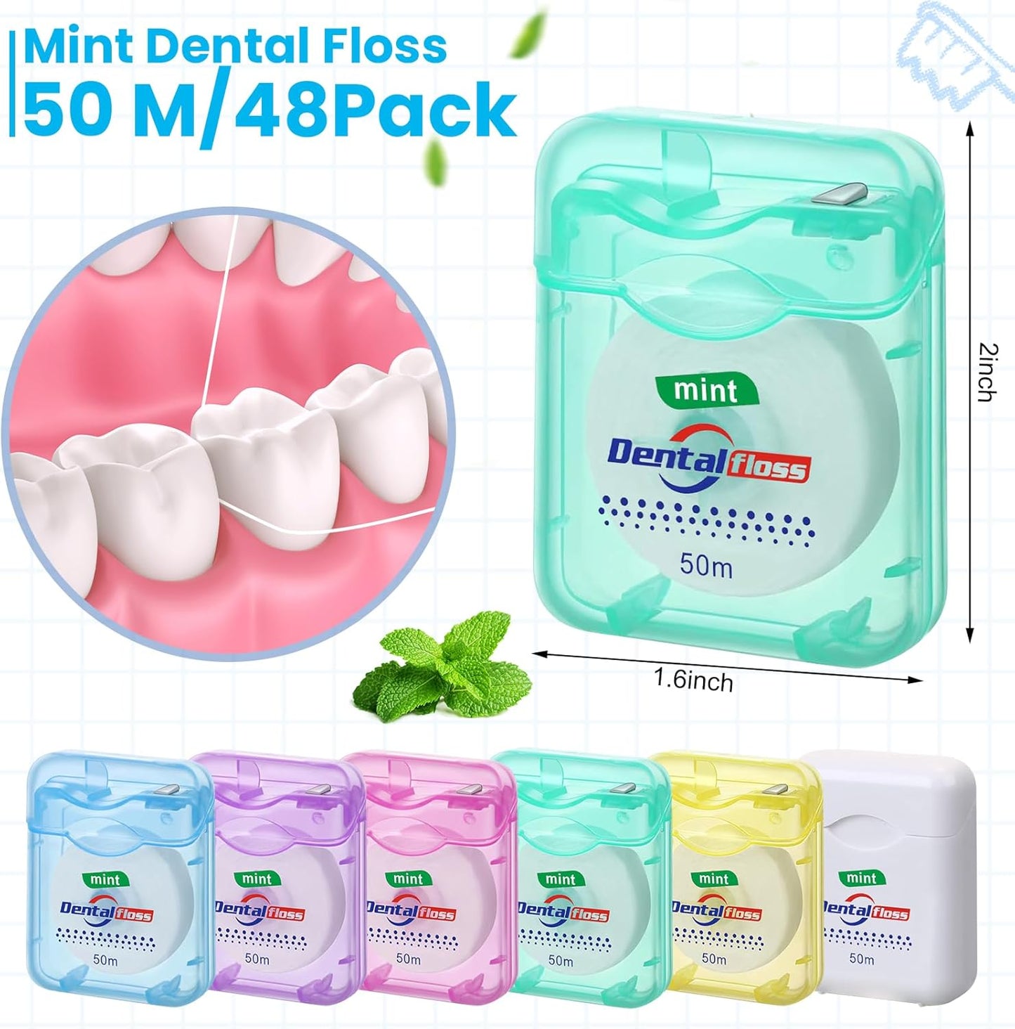 72 Pack Dental Floss - Mint Flavored Waxed Oral Care for Teeth Protection | 50m Each, Multicolor
