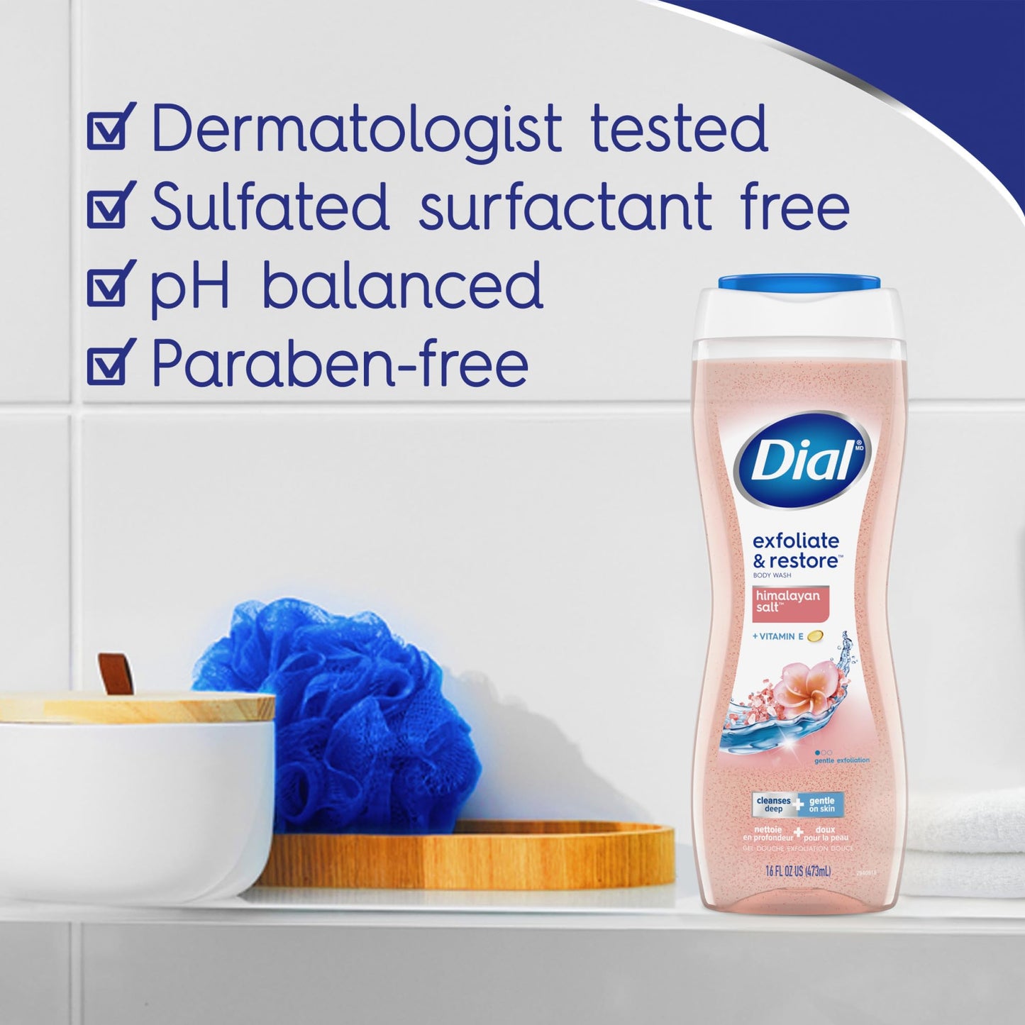 Dial Body Wash, Exfoliate & Restore Himalayan Salt, 16 Fl Oz, Hydraclean Complex & Vitamin E, Gentle, Leaves Skin Feeling Nourished, Dermatologist-Tested, No Parabens & Sulfates,(Pack of 8)