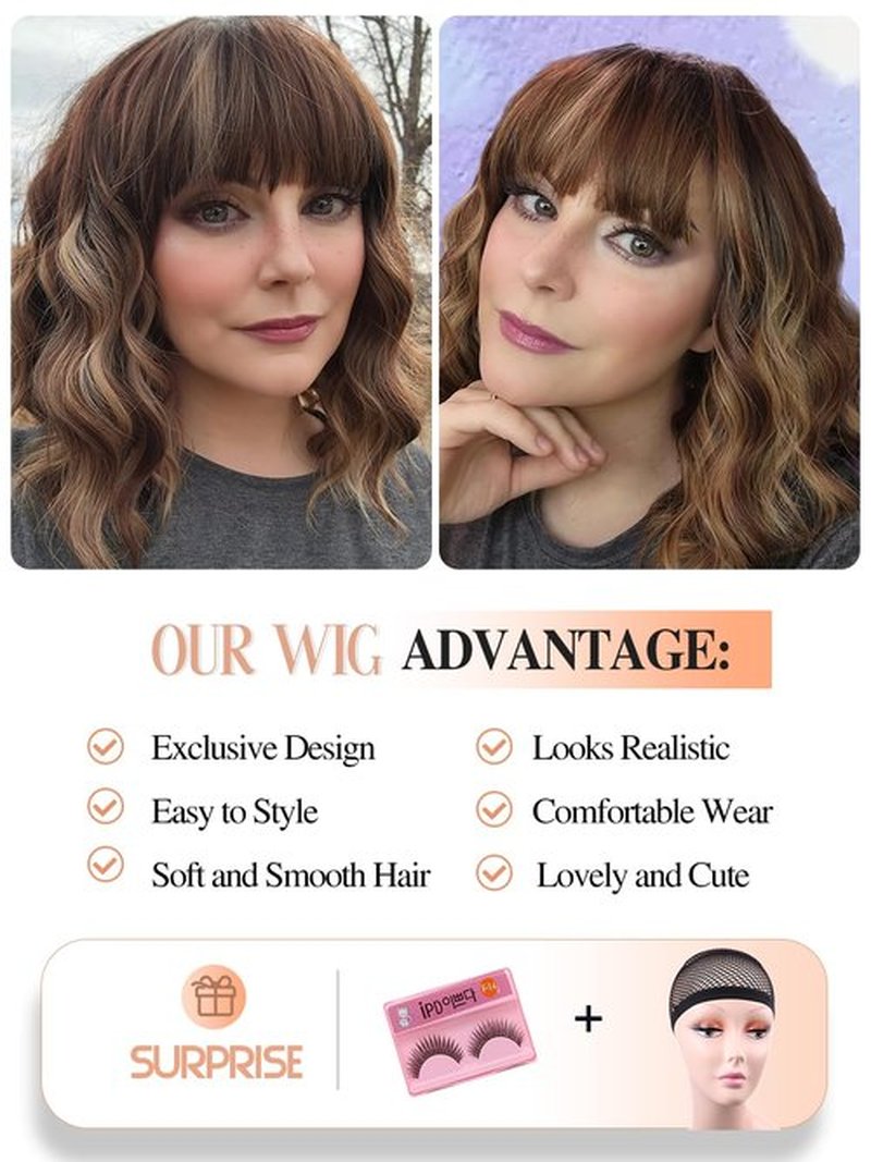Fancy Hair Brown Highlight Wavy Bob Wig Short Wavy Wig with Bangs Glueless Wear and Go Wig Synthetic Brown Mixed Blonde Shoulder Length Bob for Women Daily Party Use 14inch
