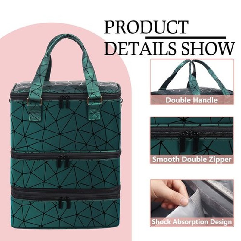 FCQQYWZ Large Nail Polish Organizer Case Hold 84+ Bottles Nail Polish & Nail Lamp, 3 Layers Nail Organizers and Storage for Nail Tech with Divider, Travel Carrying Case for Nail Polish Kit Set(Green)