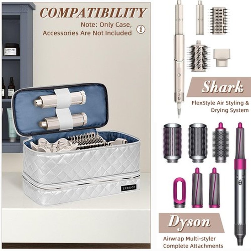 ZRRAJOY Double Layer Storage Case For Shark Flexstyle, Travel Carrying Case For Shark 430/440 Flexstyle, Organizer Bag For Shark Flexstyle/Dyson Airwrap Styler Attachments (Silver)
