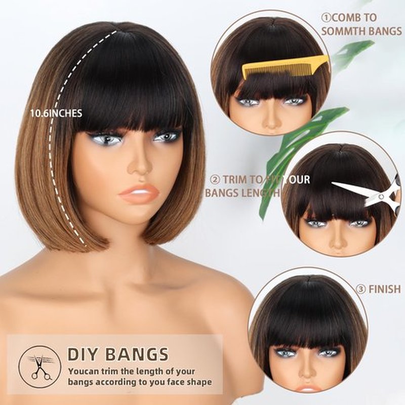 WERD Short Brown Bob Wigs for Women Light Brown Bob Wigs with Bangs 10Inch Synthetic Hair Brown Bob Highlight Wig for Daily Use Cosplay
