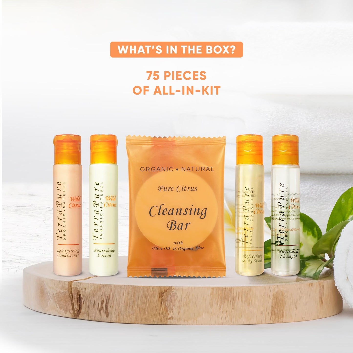 Terra Pure Wild Citrus Hotel Amenities Set | 1-Shoppe Amenities Kit | 1oz Shampoo, Conditioner, Body Wash, Lotion, Bar Soap | Travel Size | 300 Pieces
