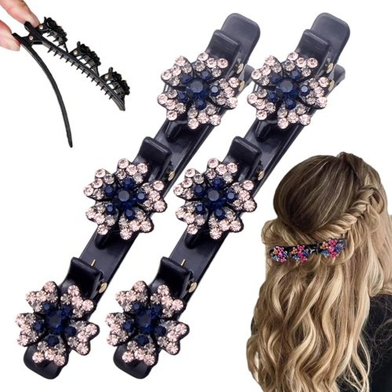 2 Pcs Sparkling Crystal Stone Braided Hair Clips, 2024 New Satin Fabric Hair Bands Rhinestone Four-Leaf Clover Hair Clip for Styling, Duck Bill Clips for Women Girls (B)
