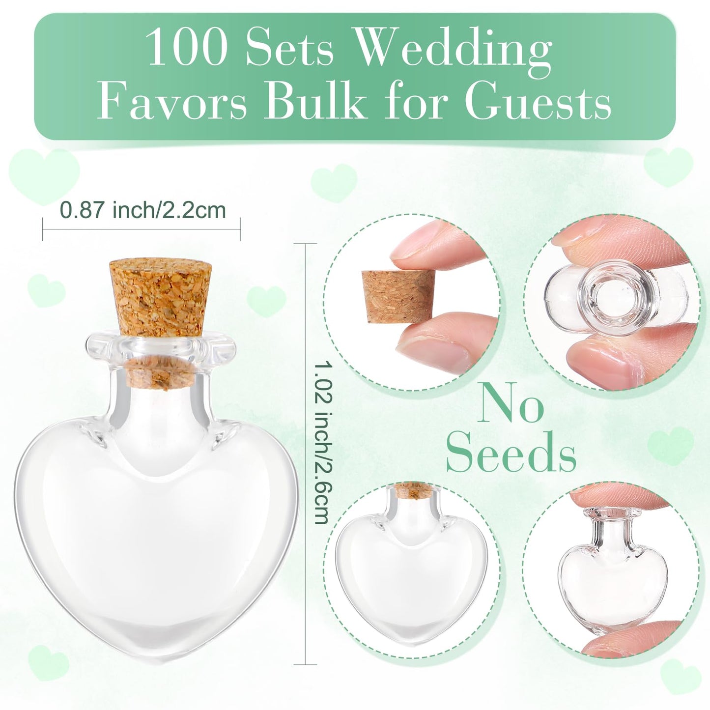 Jinei 300 Pcs Let Love Grow Wedding Favors for Guests includes 100 Small Glass Bottles with Cork Stopper 100 Wedding Thank You Cards and 100 Organza Bags, No Seeds(Heart Shape)