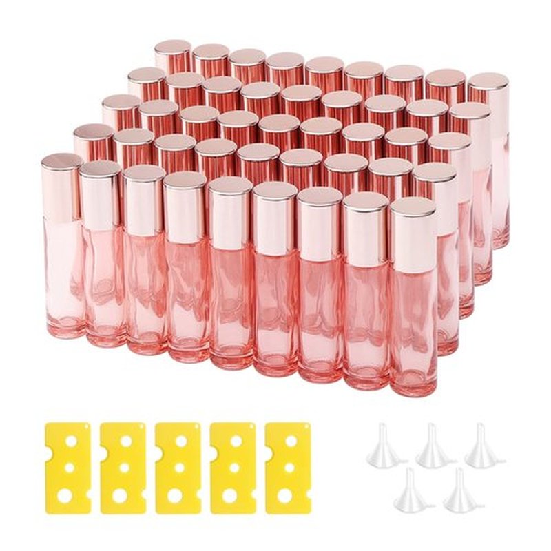 Newzoll 45 Pcs Glass Roller Bottles, 10 ml Thick Glass Roll on Bottles Massage Glass Roller Vials Containers for Essential Oil Perfumes Aromatherapy Lip Balms, Rose Gold
