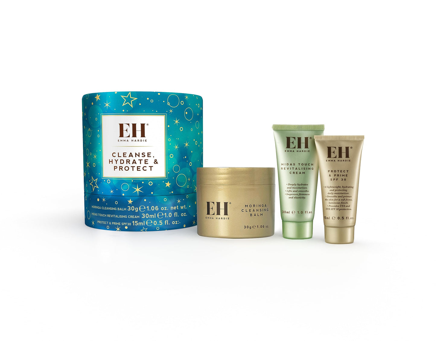 Emma Hardie Cleanse, Hydrate & Protect Gift Set: 30ml Moringa Cleansing Balm, 30ml Midas Touch Revitalising Cream & 15ml Protect & Prime SPF30 Sunscreen Face Moisturiser, Natural & Cruelty Free