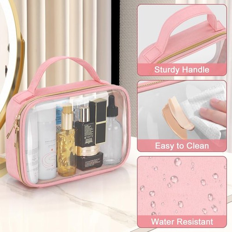 Wedama TSA Approved Toiletry Bag, 4 Pack Clear Makeup Bags with Handles, Quart Size Clear Toiletry Bags, PVC Clear Cosmetic Bags for Women and Men, Carry on Airport Airline Compliant Bag, Pink