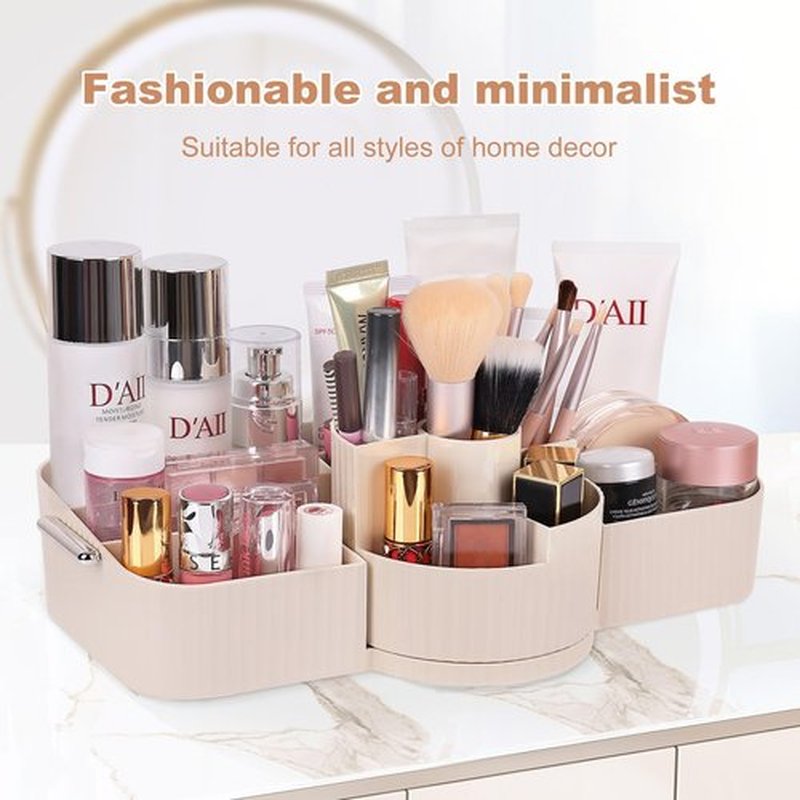 LAIMIJIN Countertop Makeup Organizer, Large Capacity Rotating Cosmetic Display Case for vanity, Spacious Makeup Skincare Storage Organizer with Makeup Brush Holder for Countertop (Cream)