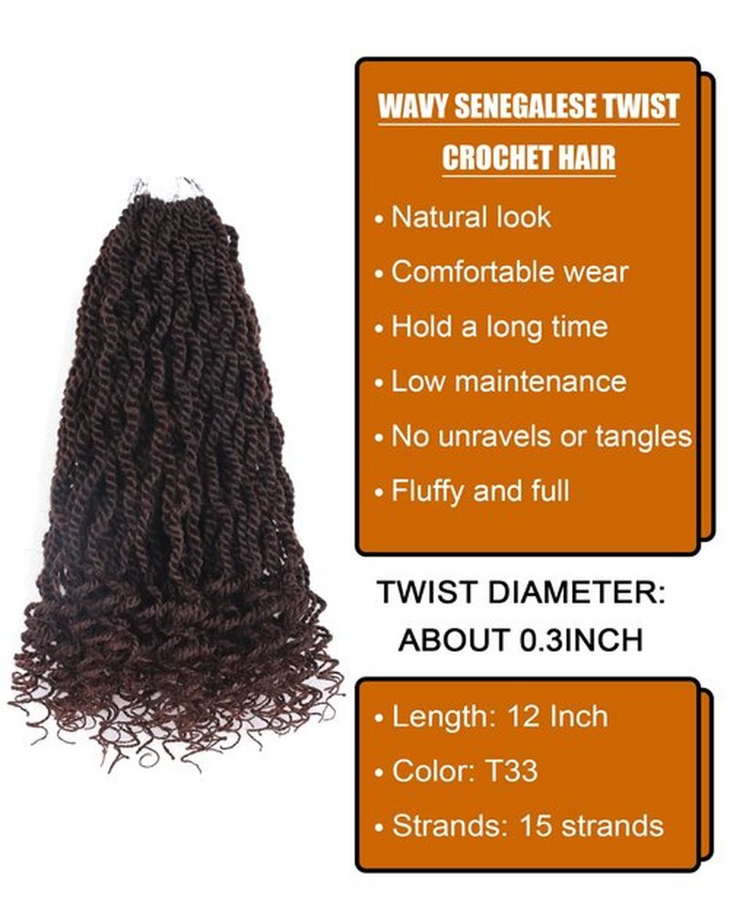 Senegalese Twist Crochet Hair 12 Inch Color 33 Pre Looped Crochet Braids with Curly Ends Short 8 Packs Kinky Twist Crochet Hair for Black Women (12 Inch,T33)