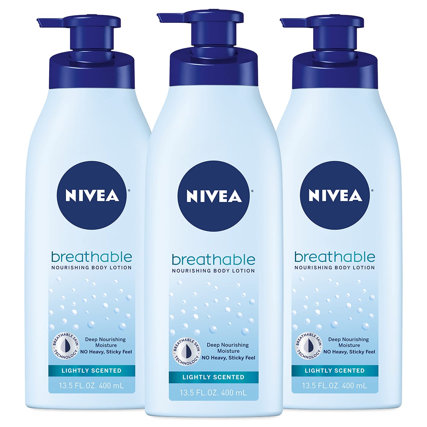NIVEA Lightly Scented Breathable Body Lotion, Body Lotion for Dry Skin, Pack of Three 13.5 Fl Oz Pump Bottles