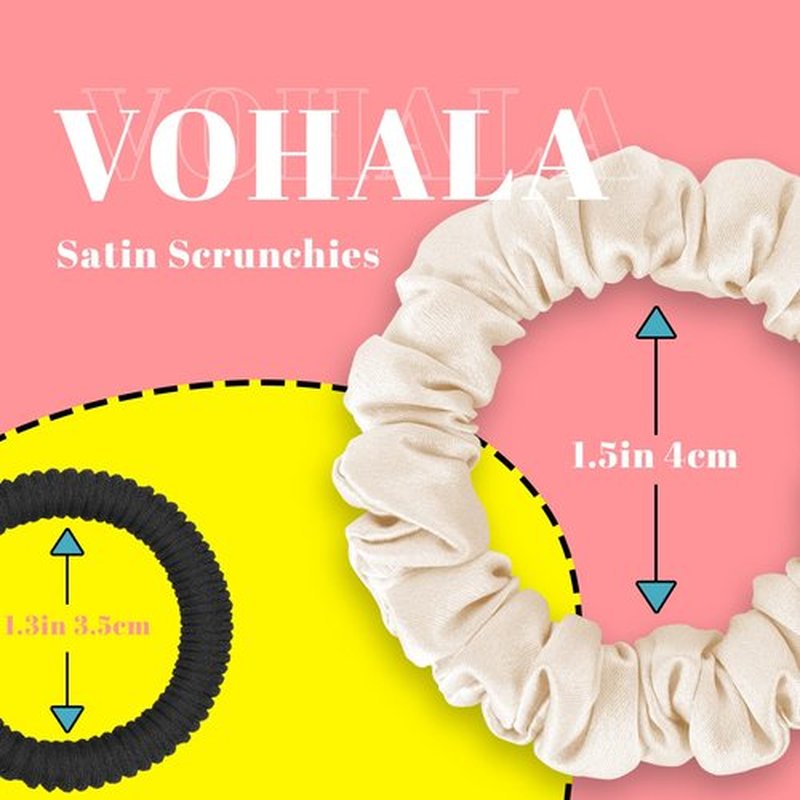 VOHALA 30 Momme Mulberry Small Silk Scrunchies, 5PCS Skinny Silk Scrunchies for Hair & 2PCS Strong Hair Ties Ponytail Holder, Total 7PCS No Damage Luxury Hair Ties for Women (Black+Camel+Gray+Champagne+Beige)