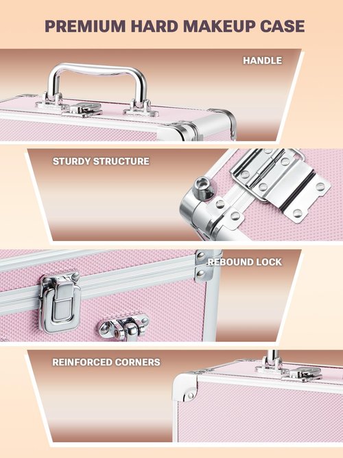 Qislee Makeup Box with A Detachable Lighted Mirror, Waterproof Travel Train Case, Cosmetic Organizer and Makeup Suitcase with Adjustable Dividers, Magnetic LED Mirror(Icy Pink, Diamond Textures)