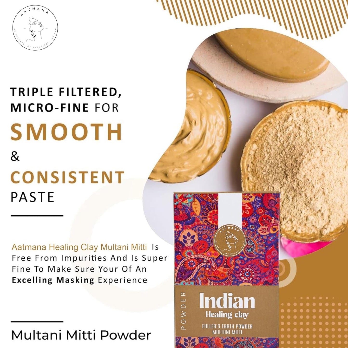 AATMANA Fullers Earth Powder | Multani Mitti | Indian Healing Clay | Deep Skin Pore Purifying Face Mask Skin care & Dirt Remover - 100g