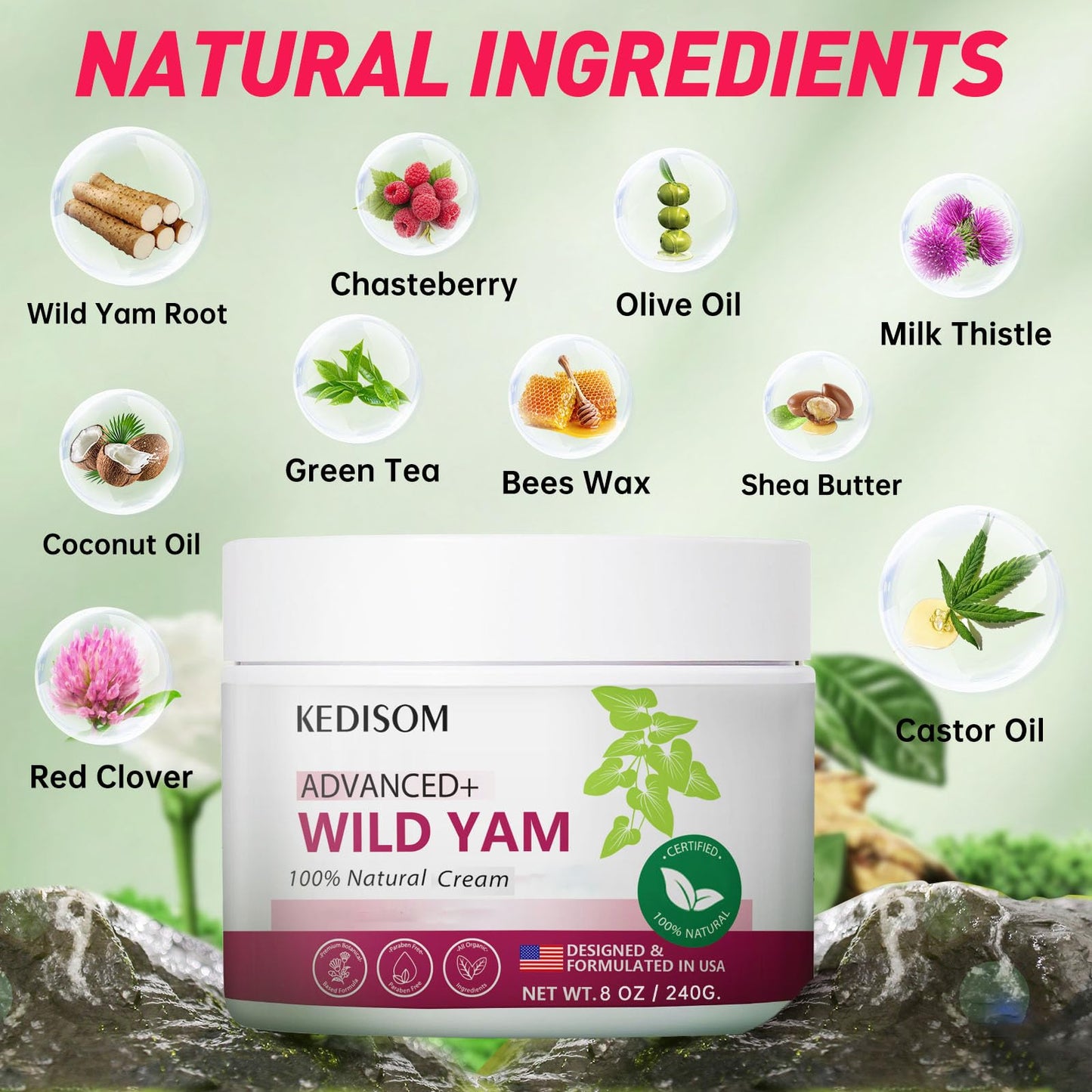 KEDISOM Wild Yam Cream for Skin Rejuvenation - Natural Formula with Wild Yam Root, Organic Wild Yam Cream for Softens and Moisturizes - Fast Absorbing, Non-Greasy, 8Oz