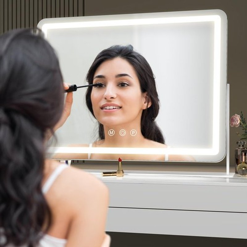 Hasipu Vanity Mirror with Lights, 16" x 12" LED Makeup Mirror, Light up Mirror with 10X Magnification, Smart Touch 3 Colors Dimmable, 360° Rotation (White)