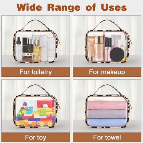 Wedama TSA Approved Toiletry Bag, 3 Pack Clear Makeup Bags with Handles, Quart Size PVC Clear Cosmetic Bags for Women and Men, Carry on Airport Airline Compliant Bag, Leopard Print