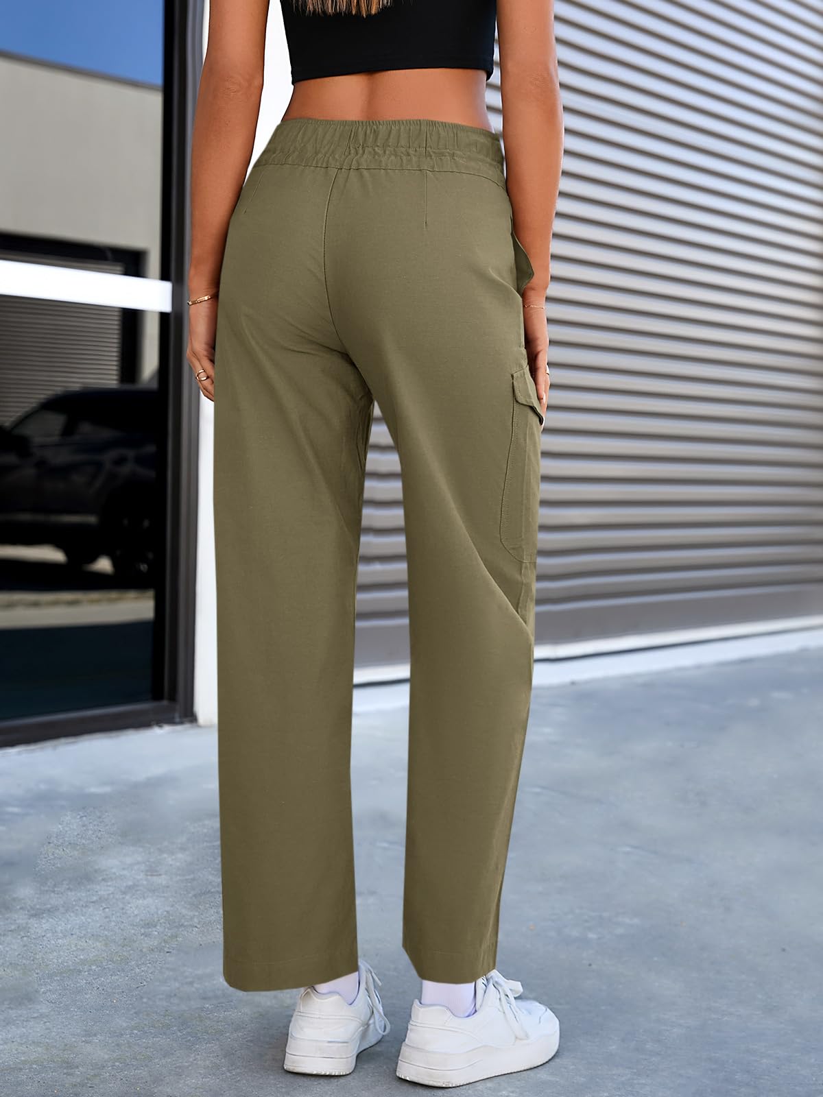 Cicy Bell Womens High Waisted Cargo Pants Straight Leg Ankle Length Drawstring Cotton Casual Hiking Work Pants with Pockets