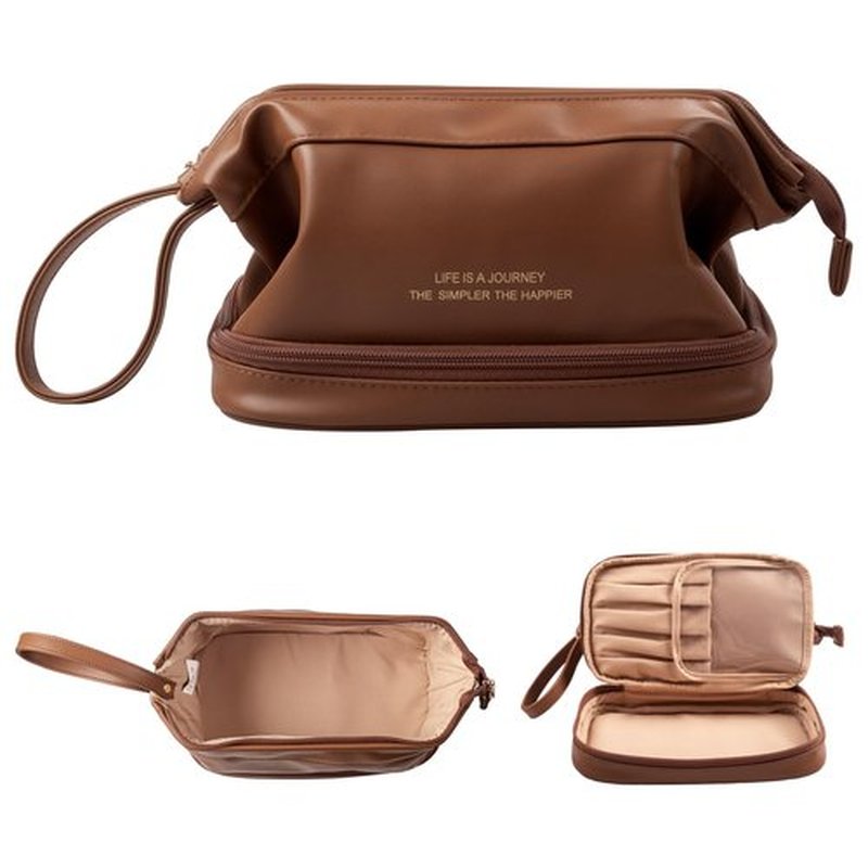 Abiudeng Large Makeup Bag,Waterproof Cosmetic Bag,Make up Travel Bag Essentials,Cute Travel Toiletry Bag for Women Makeup Bag Organizer with Bottom Pouch,Travel Size Toiletries Bag for Women Brown