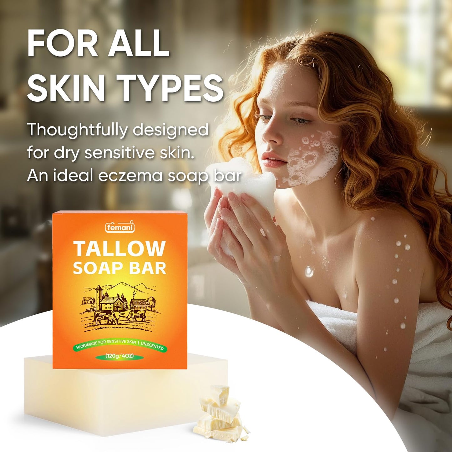 femani Beef Tallow Soap Bar - All Natural and Organic Grass Fed Tallow Soap Unscented - Moisturizes, Soothes, Hydrates Face & Body Wash Great for Itchy, Dry, Sensitive Skin, 4 oz