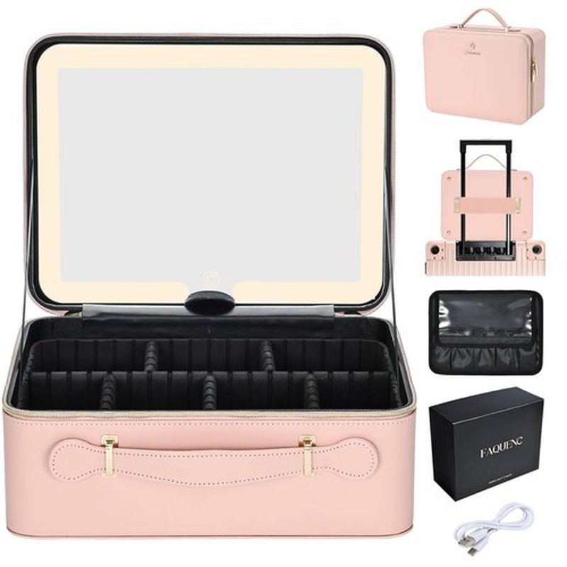 Faquenc Leather Makeup Case with LED Lighted Mirror 11.4 Inch Travel Makeup Bag Adjustable Brightness in 3 Colors Cosmetic Organizer Artist Storage Bag with Dividers Brush Holder Bag Present Box Pink