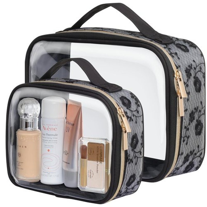PACKISM Floral Texture Lace TSA Approved Toiletry Bag - 180° Large Opening Clear Makeup Bags in 2 Size, Clear Cosmetic Bags with Handle, 0.5 mm Thick Non-deformable No Smell, Black