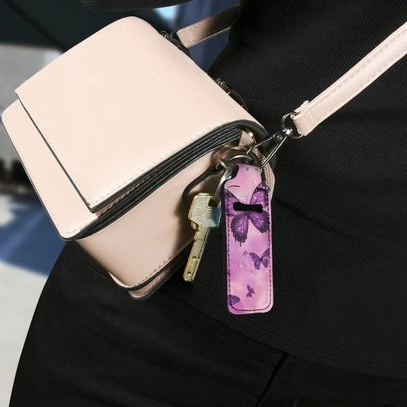 SEANATIVE Purple Butterfly 5 Pieces Lipstick Keychain Holder Lip Balm Holder Keychain Clip on Sleeve Chapstick Lip Gloss Holder Colorful Lipstick Pocket Keychain Bag Accessories for Women