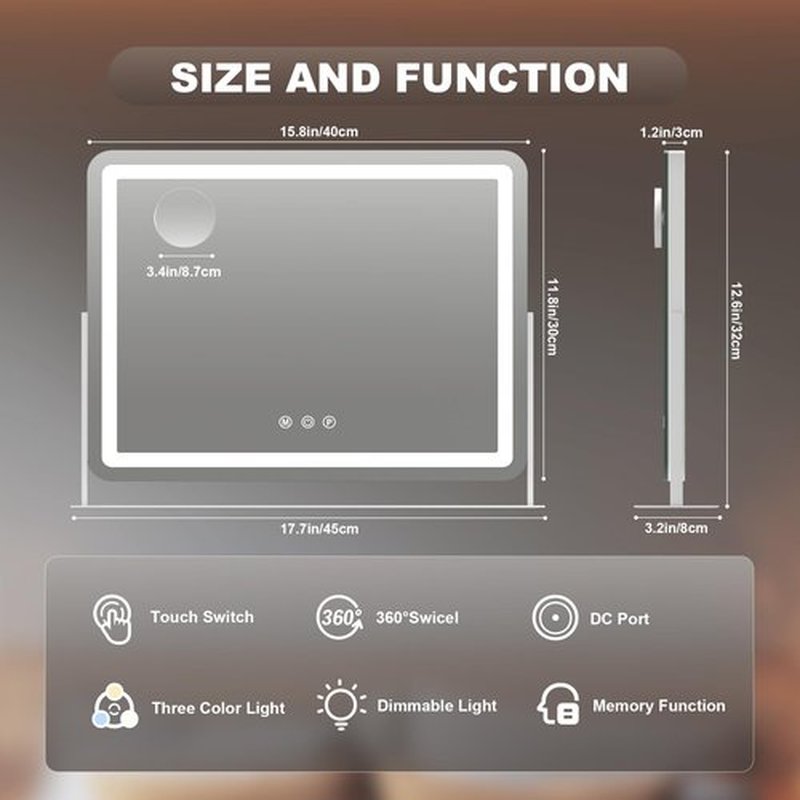 Hasipu Vanity Mirror with Lights, 16" x 12" LED Makeup Mirror, Light up Mirror with 10X Magnification, Smart Touch 3 Colors Dimmable, 360° Rotation (White)