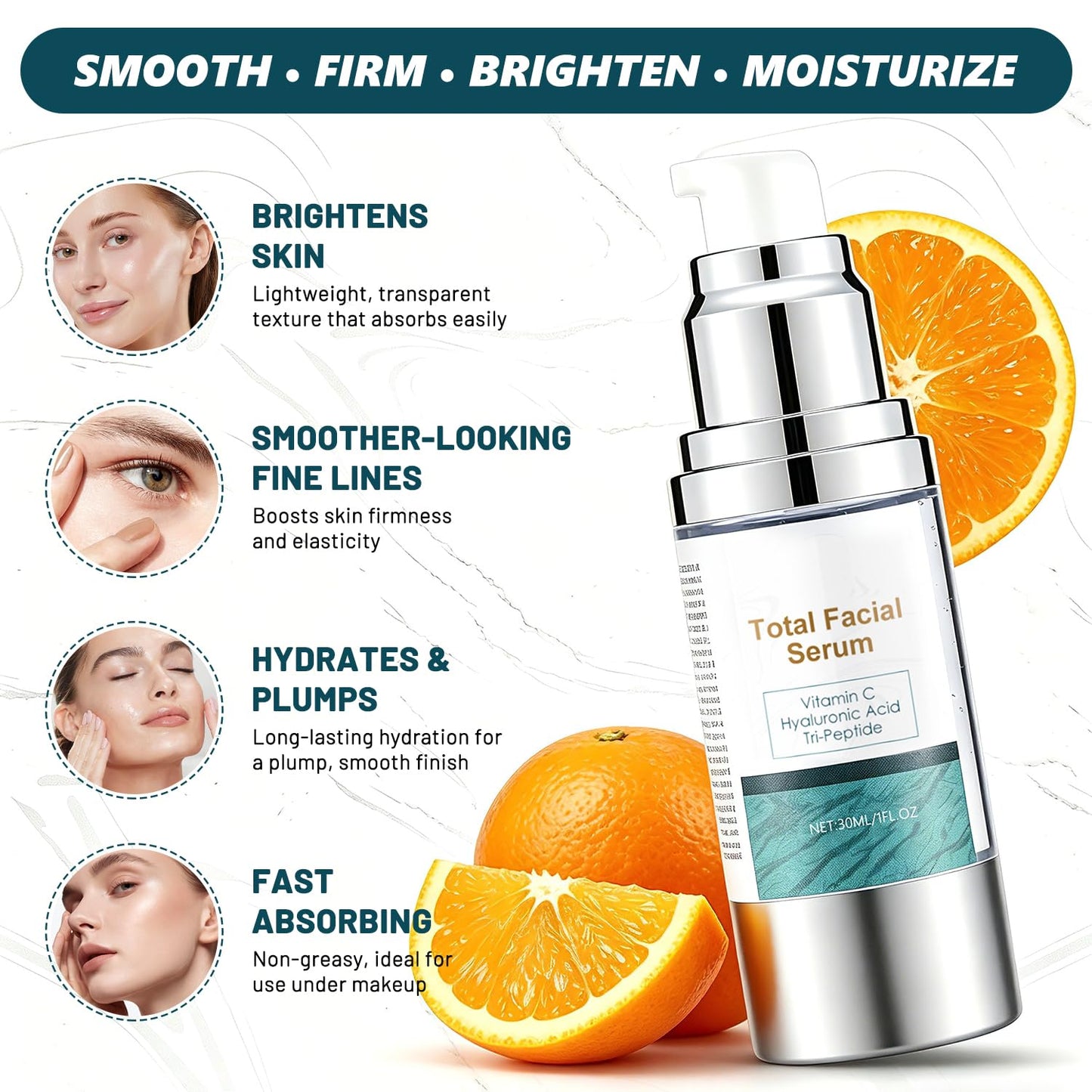 Total Facial Serum, Anti-Aging Vitamin C Serum, Hyaluronic Acid & Peptides, Hydrating Moisturizing Skin Care, 1 Fl Oz