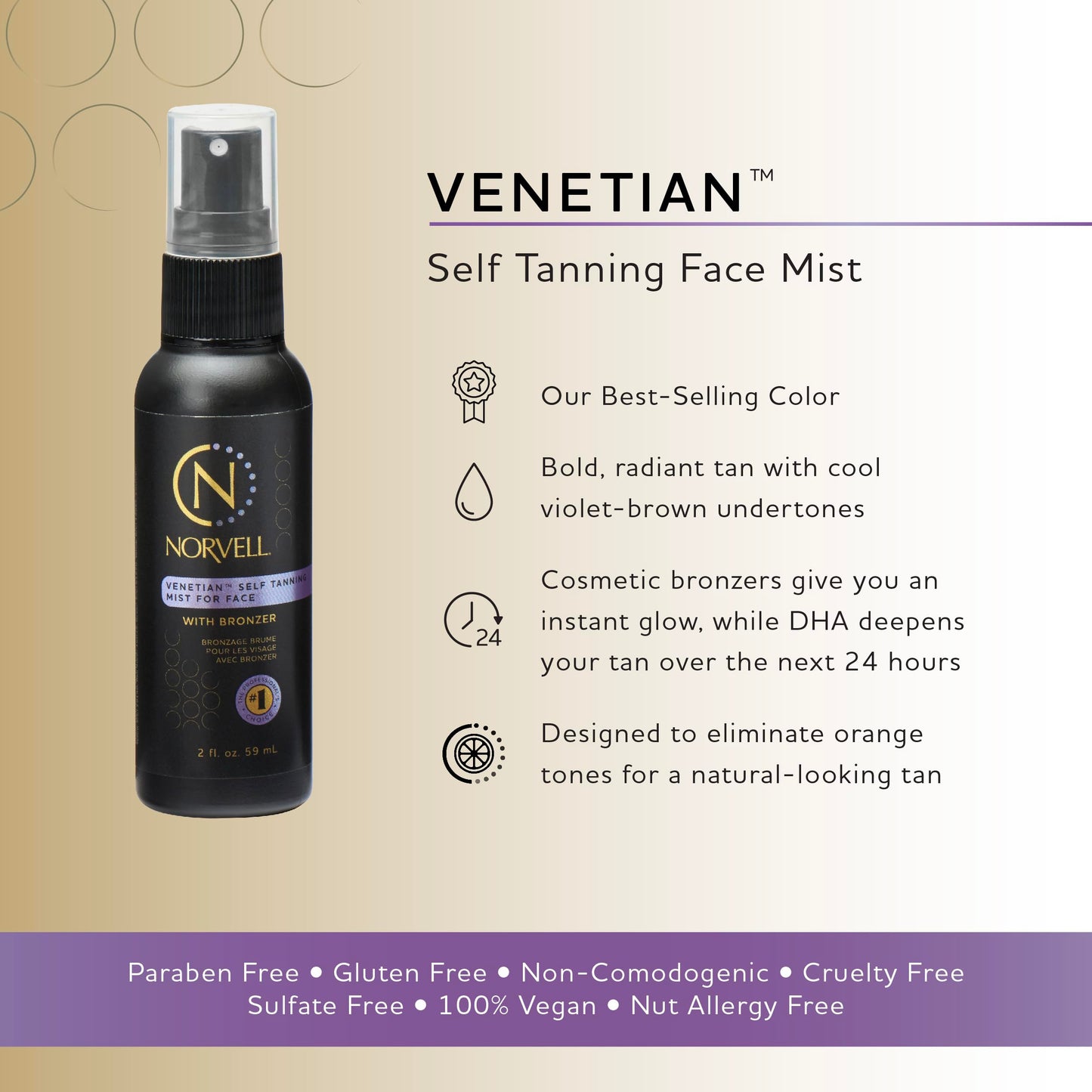Norvell Venetian Sunless Self Tanner Mist for Face, Streak Free, 2 fl oz