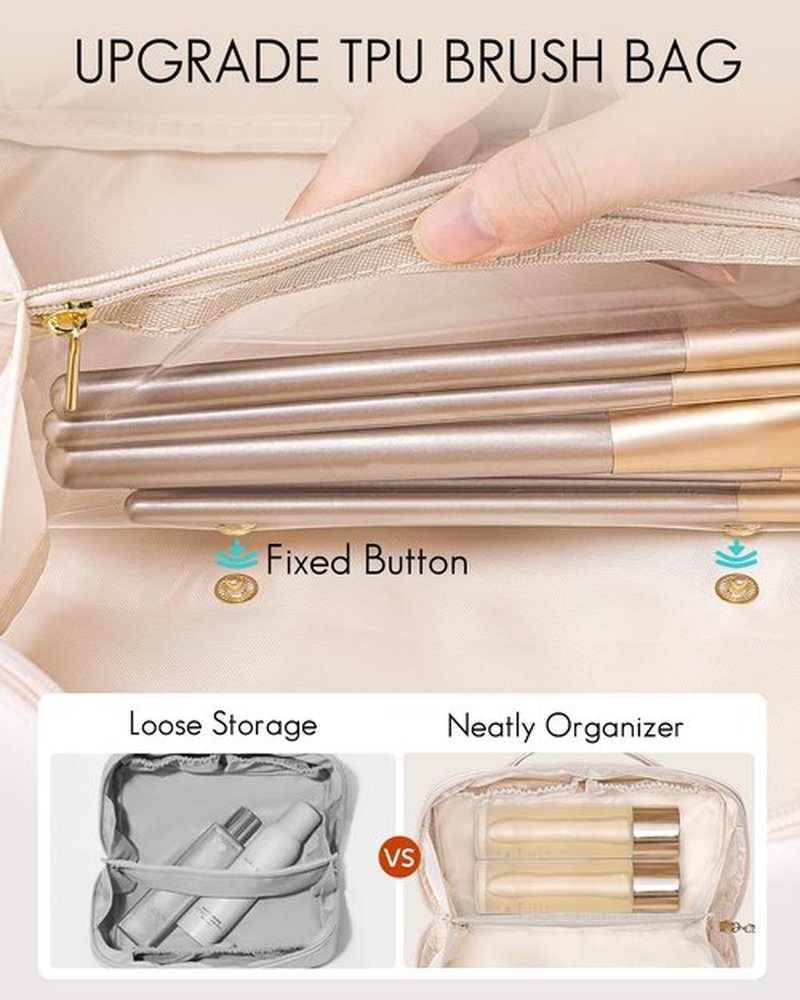 Vlando Makeup Travel Bag, PU Leather Portable Make up Organizer Bag Open Flat Toiletry Bag with Handle and Divider Gifts for Traveler Women Girls Apricot White
