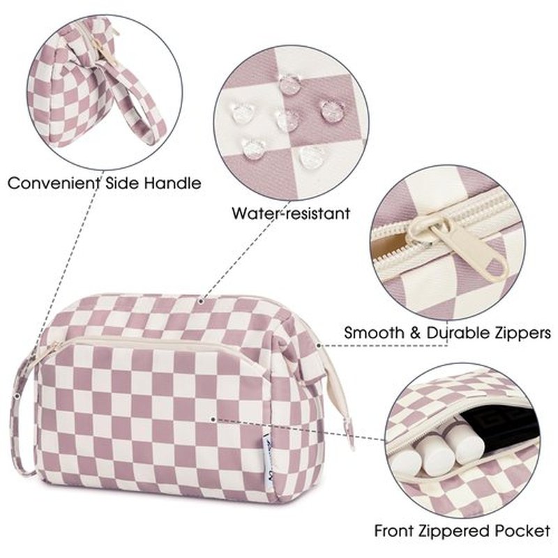Narwey Checkered Makeup Bag Women Wide-open Make up Bag Travel Cosmetic Bag Organizer Toiletry Bag for Cosmetics Toiletries Accessories (Dusty Rose Checkerboard)