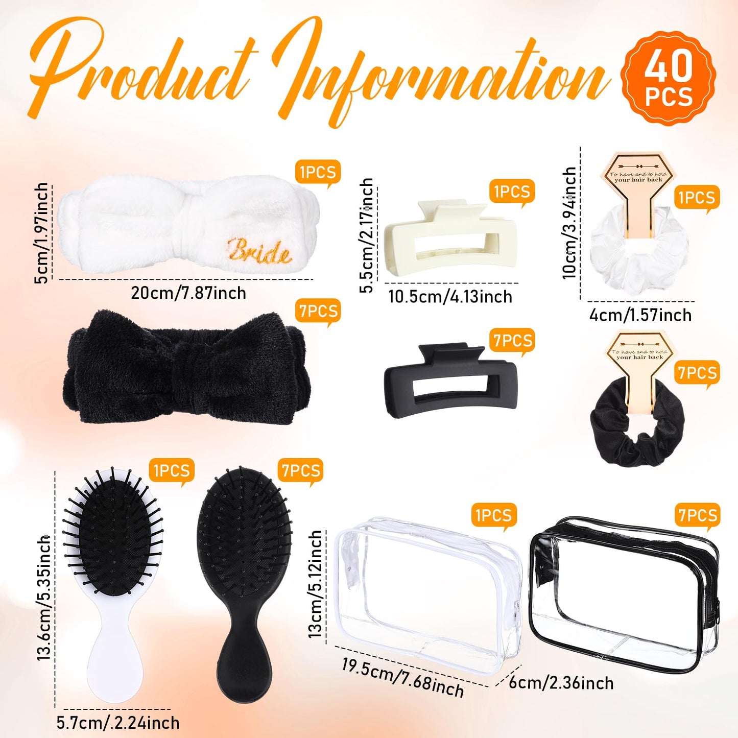 Wavyknot 40 Pcs Bachelorette Party Favor Set Include Headband Scrunchies Hair Claw Clips Hairbrush and Makeup Bag for Bridal Shower Party Gifts Bridesmaid Wedding Supplies(White and Black)
