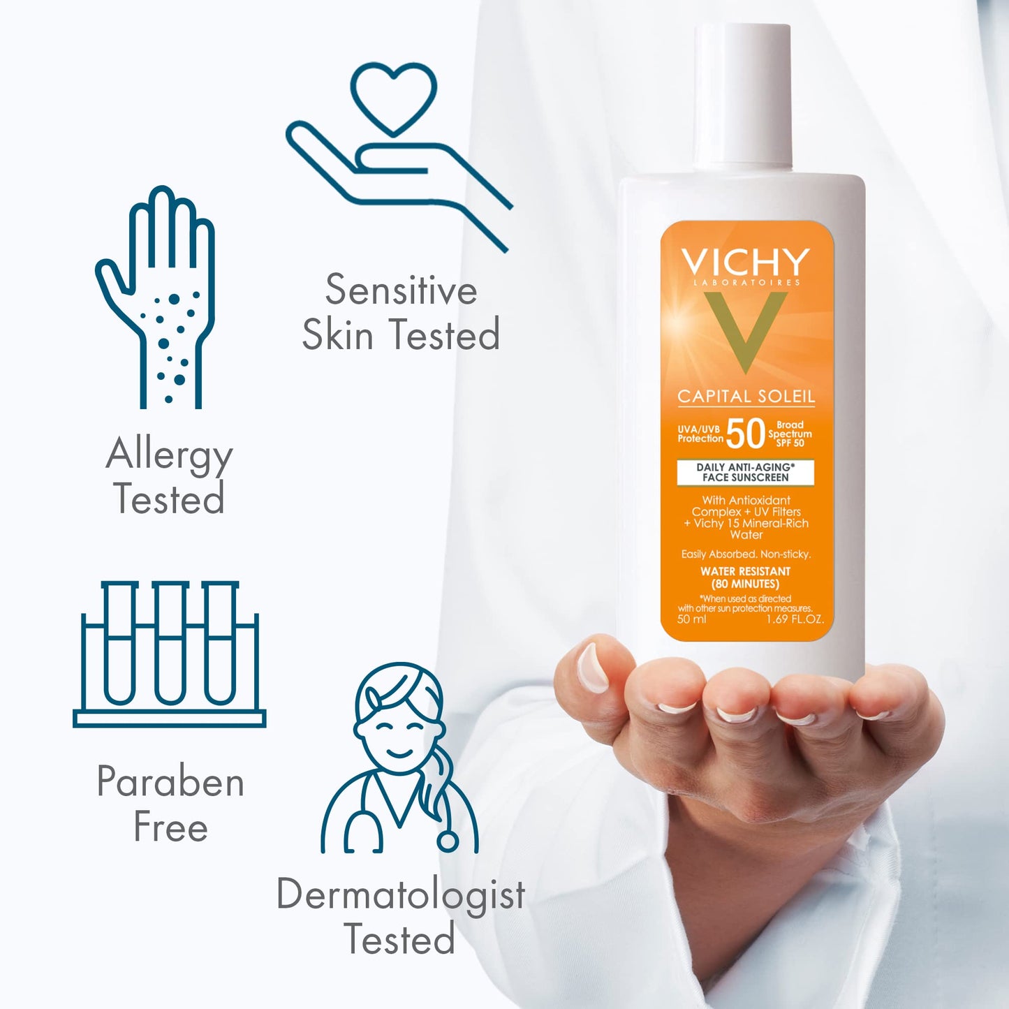 Vichy Capital Soleil Face Sunscreen SPF 50, Anti Aging Travel Size Sunblock for Face with UVA and UBA Sun Protection, Daily Facial Sunscreen for Sensitive Skin, Oxybenzone Free,