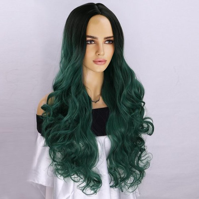 RightOn Green Wig Long Wavy Wigs for Women Ombre Dark Green Wigs Long Curly Wig Synthetic Wigs Dark Roots Green Hair for Cosplay Party and Halloween