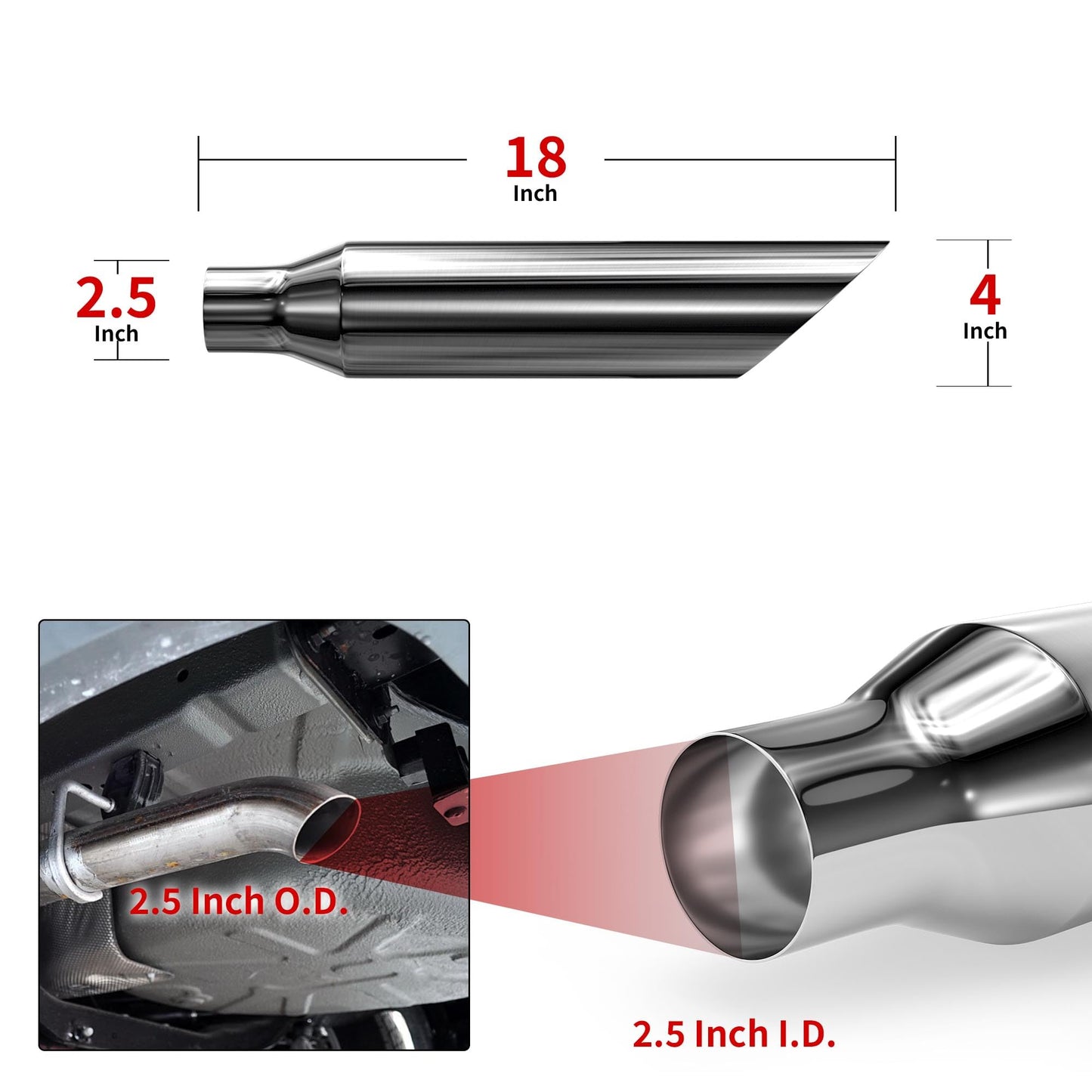 Richeer 2pcs 2.5 to 4 inch Exhaust Tip, 2 1/2" Inlet 4" Outlet 18" Overall Length Stainless Steel Exhaust Tip Universal for Vehicles with 2.5" O.D. Tailpipe, Weld On