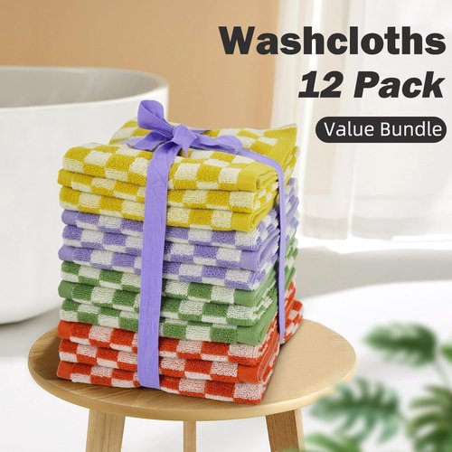 Washcloths 12 Pack Bathroom Face Towels 4 Colors for All Family Members, Soft Cotton Terry Wash Cloths for Showering 13"x13", Checkered