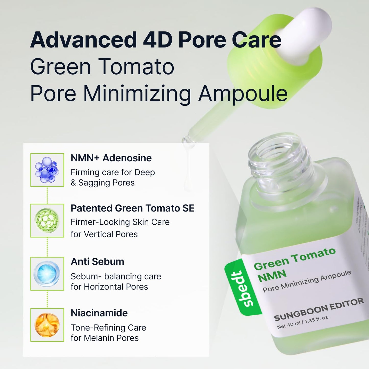 SUNGBOON EDITOR Green Tomato NMN Pore Minimizing Ampoule, Firming Pore Minimizer Serum with NMN, Niacinamide & Green Tomato Extract, Lightweight Korean Skincare for Sensitive Skin, 1.35 Fl Oz