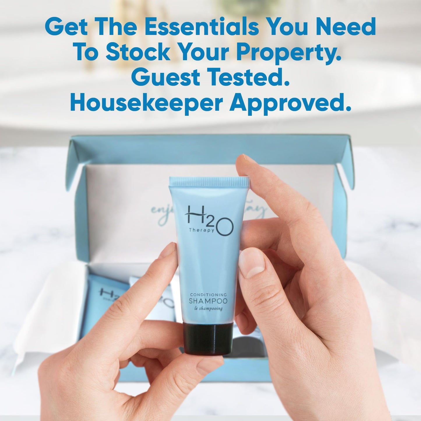 H2O Therapy Amenity Kit | Hotel Bulk Toiletries | 0.85 oz Shampoo, Conditioner, Lotion, Body Wash, Body Bar Soap for Guest Hospitality Vacation Rentals | 15 Sets/Case