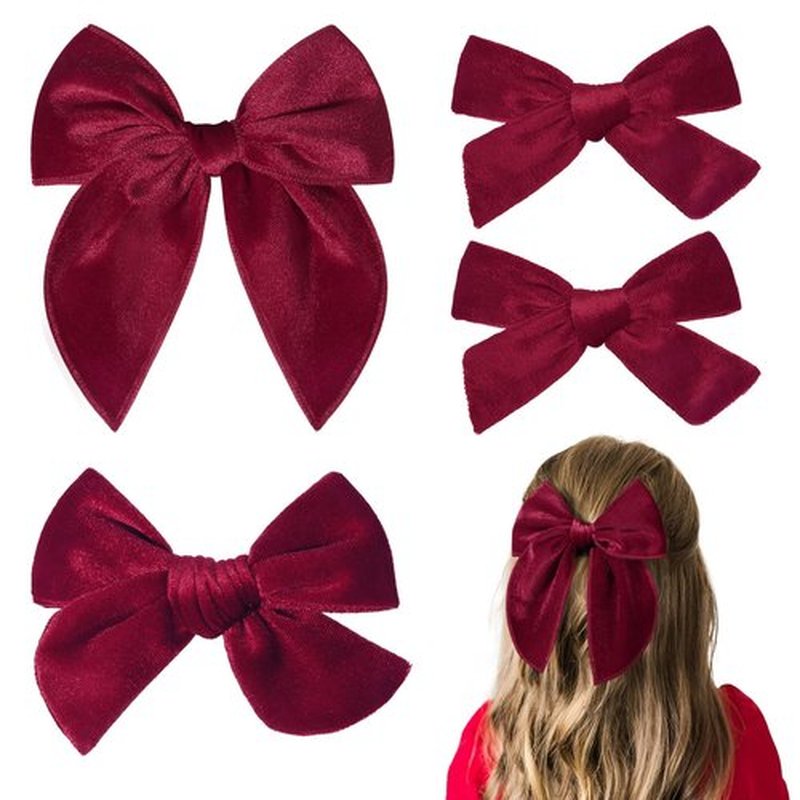 DEEKA 4 PCS Dark Red Velvet Hair Bows 3 Styles 5" & 4" Handmade Hair Bow set for Toddler Girls Alligator Hair Clips Knot Bows Hair Accessories for Little School Girls (Dark Red)