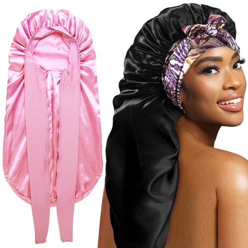 2Pack Bonnets for Black Women Braid Bonnet, Large Long Bonnet Satin Bonnet for Braids,Black Women Silk Bonnet with Stretchy Tie Band Braid Bonnet for Sleeping Extra Long (Pink &Black Dark Pattern