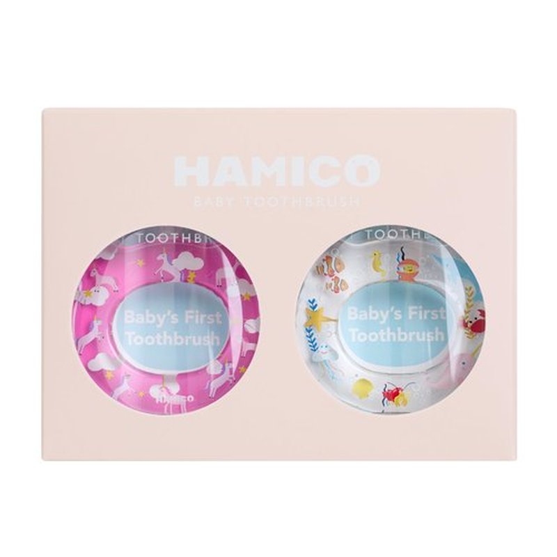 HAMICO Baby Toothbrush Gift Set Gentle, Extra- Soft Bristles for Baby’s First Toothbrush | Easy Grasp-No Overreach Infant Toothbrush | BPA Free | 2-Pack: Unicorns & Sea Animals