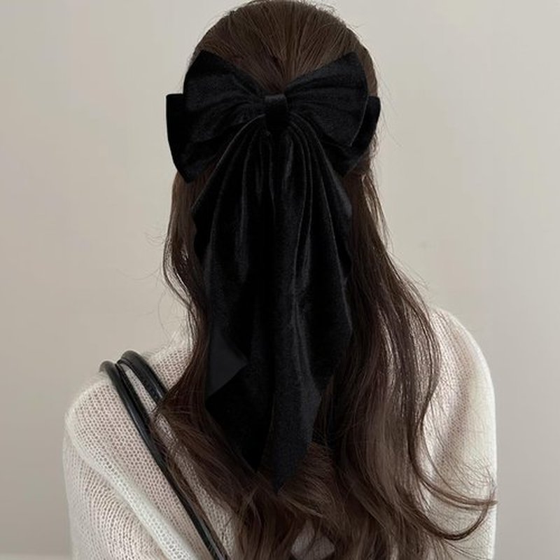 2pc Large Hair Bows for Women Girls Thick Hair,Black Velvet Ribbon Hair Bow Clips with Long Tail French Barrette Hair Clamps Wedding Ponytail Holder Decor Accessories