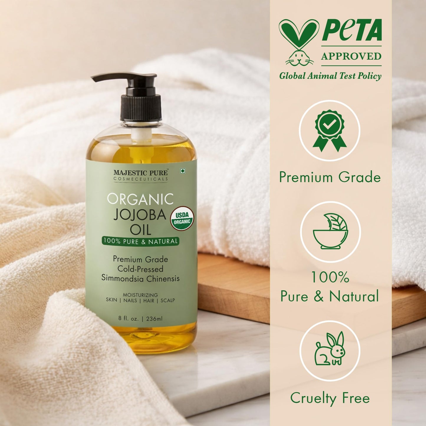Majestic Pure Oil - 100% Pure and Natural- Cold Pressed & Hexane Free Natural Hair Growth Oil for Eyelashes, Eyebrows, Skin, Body, Face, Nails & Scalp - Jojoba Oil with Roll On 8 Fl Oz