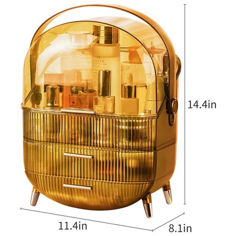 CANITORON Makeup Organizer,Large Capacity Skincare Organizer for Vanity,Cosmetic Organizer with 2 Drawers and Transparent Cover for Bedroom Countertop and Bathroom Countertop Storage.(Amber)