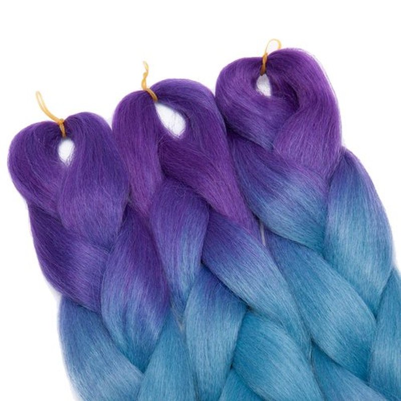 24" Ombre Jumbo Braiding Hair 3 Tone Colored Jumbo Braids Crochet Hair Extensions Box Twist Braid Crochet Hair Ombre Long Jumbo Braids High Temperature (3 Bundles,purple to lake blue to purple）