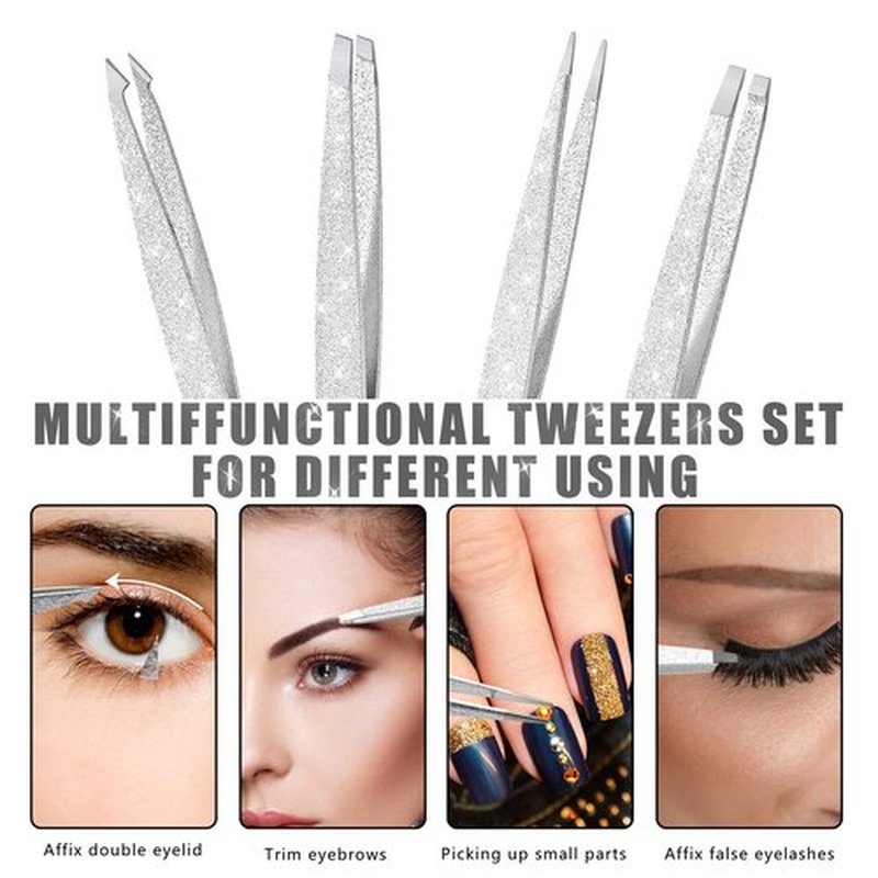 Amytor Eyebrow Tweezer Set, 4 Pcs Professional Stainless Steel Tweezers for Women, Precision Tweezer for Facial Hair, Splinter and Ingrown Hair Removal（Bright silver）