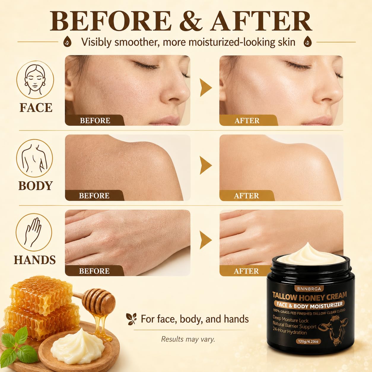 Organic Tallow Honey Cream for Face & Skin - Tallow and Honey Balm100% Pure Grass-Fed Tallow Face Moisturizer, Ultra- Hydrating & Nourishing, Natural Skincare Solution for Dry & Sensitive Skin