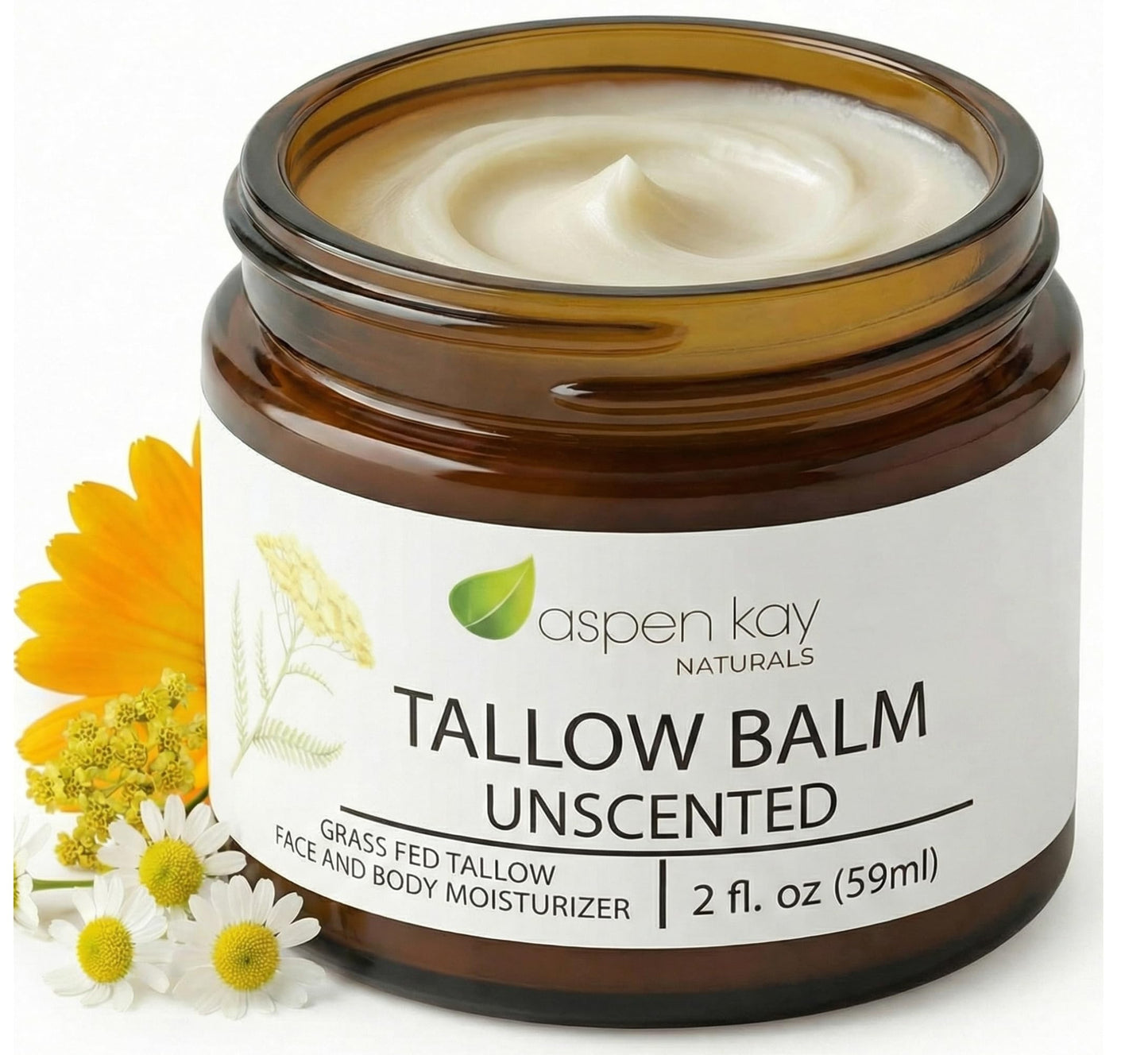 Aspen Kay Naturals Handmade Grass Fed Beef Tallow Balm for Face and Body (Unscented), Organic Chamomile, Yarrow and Calendula, Fragrance Free Skin Moisturizer for Sensitive Skin, 2 fl oz, Made in USA