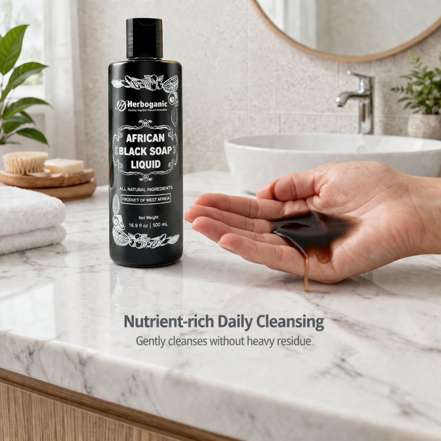 HERBOGANIC African Black Soap Liquid, Natural Liquid Soap From Ghana, Face & Body Wash Supports Moisturizing,Dry Skin, Scars and Dark Spots (16.9 fl oz)